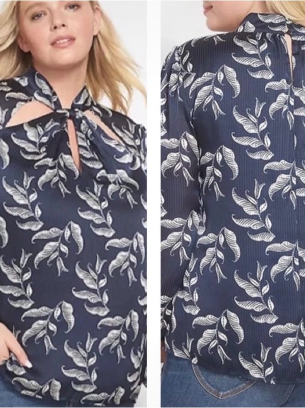 Lane Bryant Navy & White Leaf Print Blouse Elastic Cuff